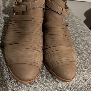 Vince Camuto Beige Suede Booties with open sides.